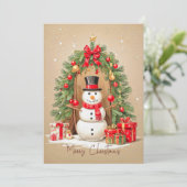 Whimsical Sneeuwman Onder Feestelijke Krans Vakant Feestdagenkaart (Staand voorkant)