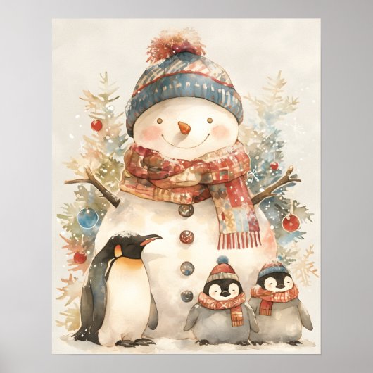 whimsical Sneeuwman Pinguïns Waterverf Winter Deco Poster (Voorkant)