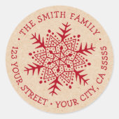 Whimsical sneeuwvlok Kraft look rood retouradres Ronde Sticker (Voorkant)