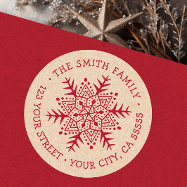 Whimsical sneeuwvlok Kraft look rood retouradres Ronde Sticker