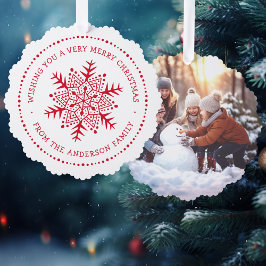 Whimsical sneeuwvlok stip rand rood wit ornament kaart