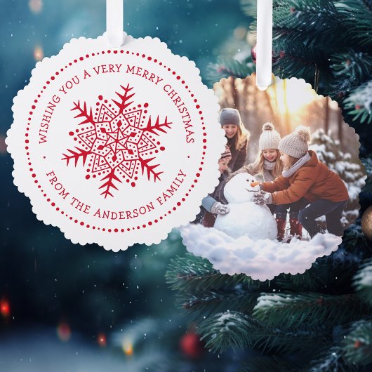 Whimsical sneeuwvlok stip rand rood wit ornament kaart