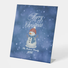 Whimsical Snow Man Vrolijk kerstfeest Reclamebord Met Voetstuk