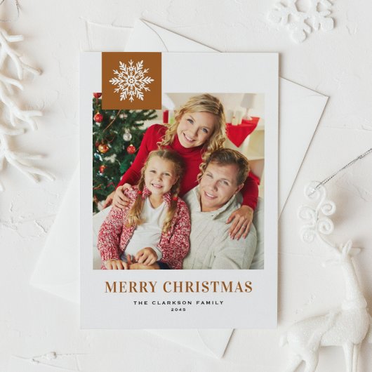 Whimsical Snowflake Burnt Orange Christmas Photo Feestdagenkaart