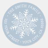 Whimsical snowflake dusty blue return address ronde sticker (Voorkant)