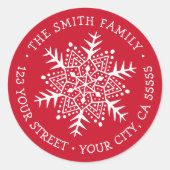 Whimsical snowflake Red-terugzendadres voor Kerstm Ronde Sticker (Voorkant)
