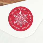 Whimsical snowflake Red-terugzendadres voor Kerstm Ronde Sticker
