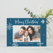 Whimsical Snowflakes Blue Merry-kerstfoto Feestdagenkaart (Staand voorkant)