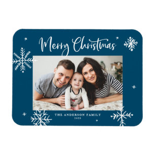 Whimsical Snowflakes Blue Merry-kerstfoto Magneet