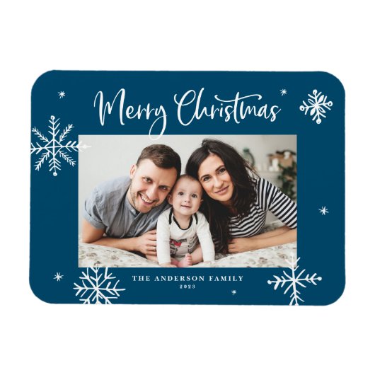 Whimsical Snowflakes Blue Merry-kerstfoto Magneet (Horizontaal)