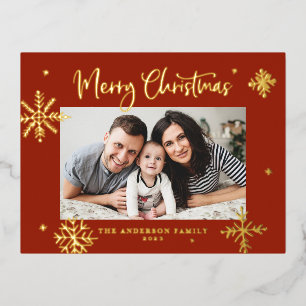 Whimsical Snowflakes Red Merry-kerstfoto Folie Feestdagen Briefkaart