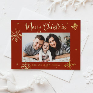 Whimsical Snowflakes Red Merry-kerstfoto Folie Feestdagenkaart
