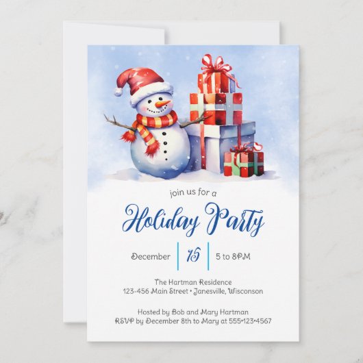 Whimsical Snowman & Cadeaus Holiday Party Feestdagenkaart (Voorkant)