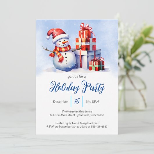 Whimsical Snowman & Cadeaus Holiday Party Feestdagenkaart (Staand voorkant)