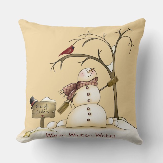 Whimsical Snowman Cardinaal Sleigh Sneeuwboom Kussen (Voorkant)