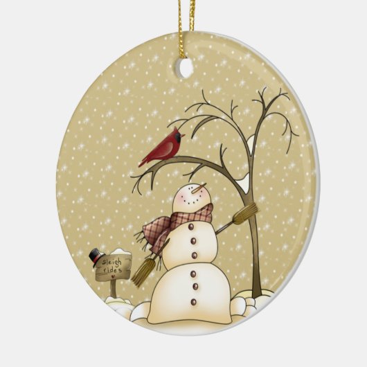 Whimsical Snowman en Red Bird Kerstmis Keramisch Ornament (Links)