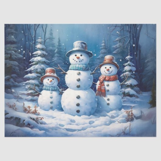 Whimsical Snowman Familie in Snowy Landscape Decou Tissuepapier (Voorkant)