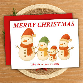 Whimsical Snowman Familie met kerstsjaals Feestdagenkaart