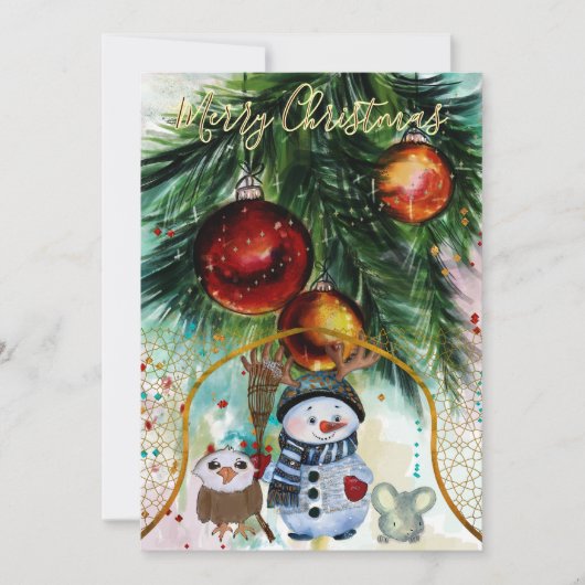 Whimsical Snowman & Forest Friends Vakantie Kaart (Voorkant)