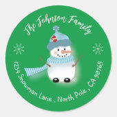 Whimsical Snowman Holiday Green Envelope Seals Ronde Sticker (Voorkant)
