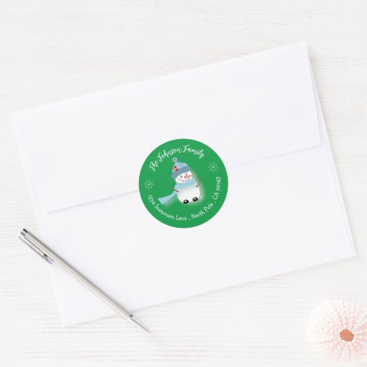 Whimsical Snowman Holiday Green Envelope Seals Ronde Sticker (Envelop)
