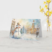 Whimsical Snowman in a Snowy Village Greeting Kaart (Gele Bloem)