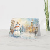 Whimsical Snowman in a Snowy Village Greeting Kaart (Voorkant)