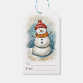 Whimsical Snowman in Oranje gebreide Pet en sjaal Cadeaulabel (Voorkant)