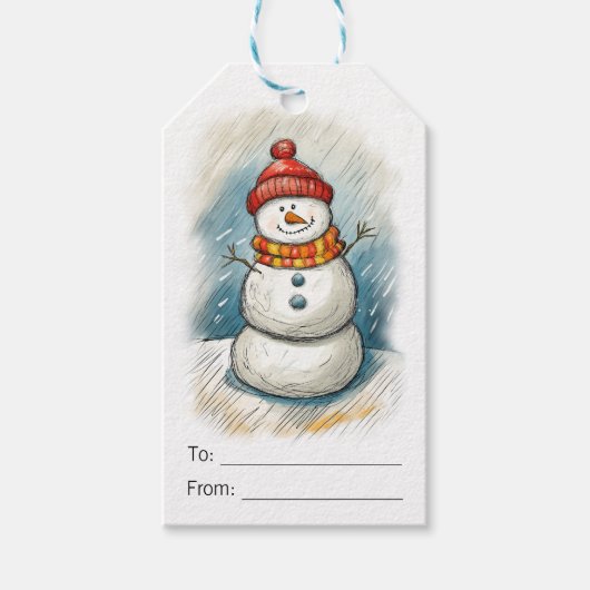 Whimsical Snowman in Oranje gebreide Pet en sjaal Cadeaulabel (Voorkant)