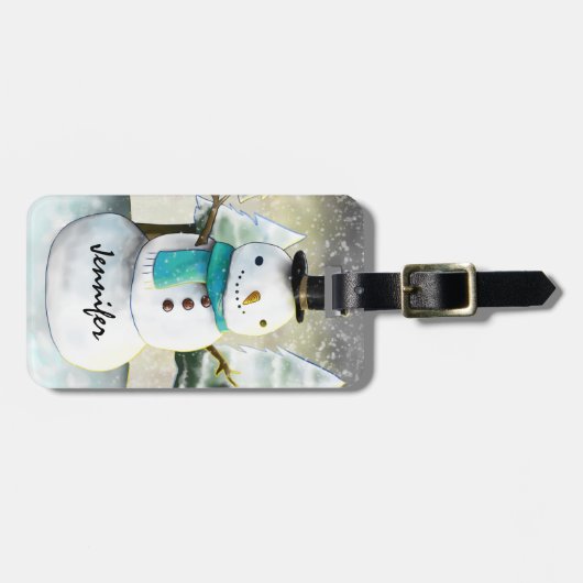 Whimsical Snowman in Winter Kerstmis Scene Bagagelabel (Voorkant horizontaal)