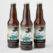 Whimsical Snowman in Winter Kerstmis Scene Bier Etiket (Flessen)