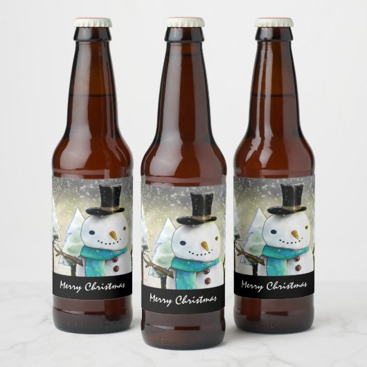 Whimsical Snowman in Winter Kerstmis Scene Bier Etiket (Flessen)