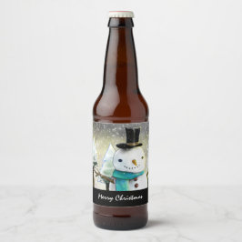 Whimsical Snowman in Winter Kerstmis Scene Bier Etiket