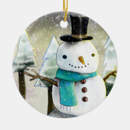 Whimsical Snowman in Winter Kerstmis Scene Keramisch Ornament