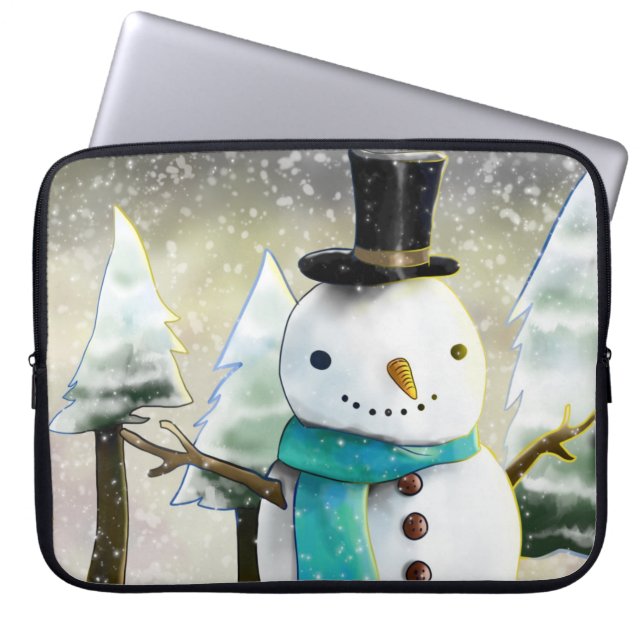 Whimsical Snowman in Winter Kerstmis Scene Laptop Sleeve (Voorkant)
