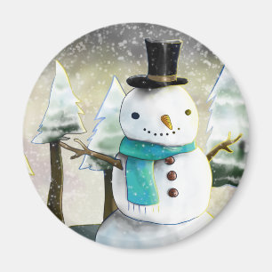 Whimsical Snowman in Winter Kerstmis Scene Magneet