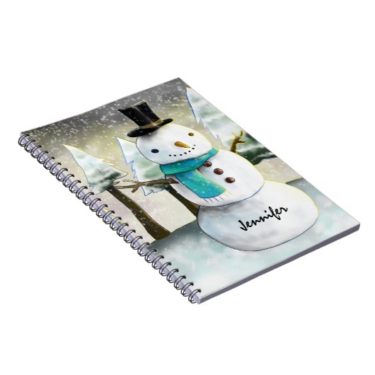 Whimsical Snowman in Winter Kerstmis Scene Notitieboek (Rechterzijde)