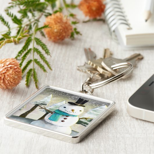 Whimsical Snowman in Winter Kerstmis Scene Sleutelhanger (Zijkant)