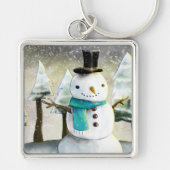 Whimsical Snowman in Winter Kerstmis Scene Sleutelhanger (Voorkant)