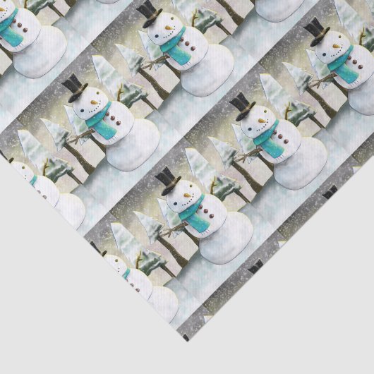 Whimsical Snowman in Winter Kerstmis Scene Tissuepapier (Detail)