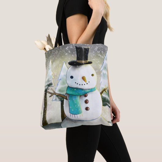 Whimsical Snowman in Winter Kerstmis Scene Tote Bag (Dichtbij)