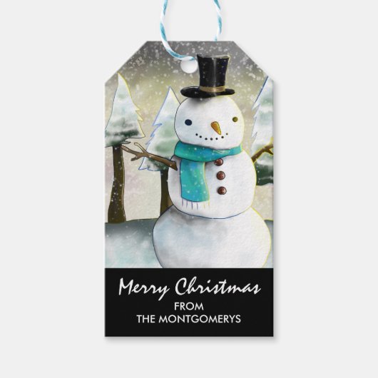 Whimsical Snowman in Winter Kersttekening Cadeaulabel (Voorkant)
