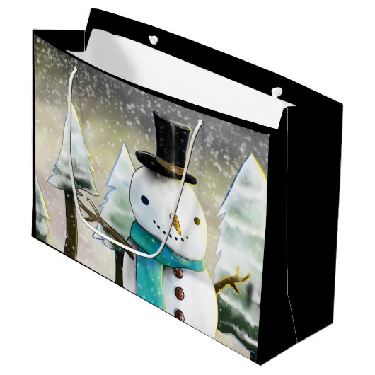 Whimsical Snowman in Winter Kersttekening Groot Cadeauzakje (Voorkant Gekanteld)