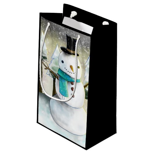 Whimsical Snowman in Winter Kersttekening Klein Cadeauzakje (Achterkant Gekanteld)