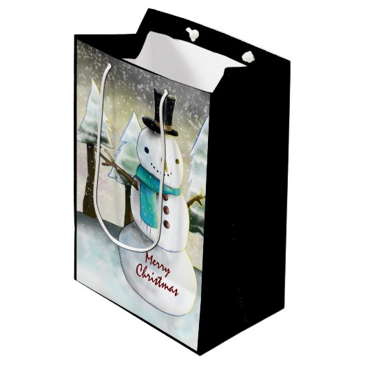 Whimsical Snowman in Winter Kersttekening Medium Cadeauzakje (Voorkant Gekanteld)