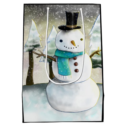 Whimsical Snowman in Winter Kersttekening Medium Cadeauzakje (Achterkant)
