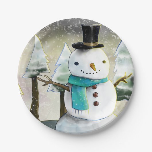 Whimsical Snowman in Winter Kersttekening Papieren Bordje (Voorkant)