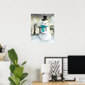 Whimsical Snowman in Winter Kersttekening Poster (Thuiskantoor)