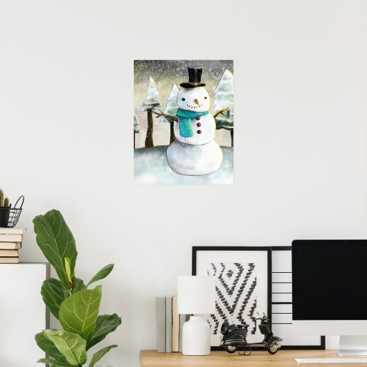 Whimsical Snowman in Winter Kersttekening Poster (Thuiskantoor)