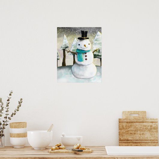Whimsical Snowman in Winter Kersttekening Poster (Keuken)